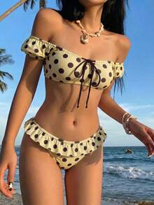 SHEIN MOD Bộ bikini chấm bi kiểu cổ điển - Vàng nhạt - Xem 2