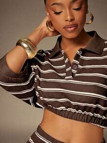 Denimoi Cropped Collared Knit Top Vacation Outfits Cropped Polo Shirt - Multicolor - View 4