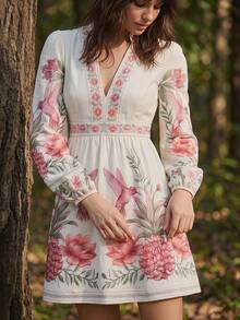 CAJUNI Chiếc váy ngắn tay dài màu trắng kiểu Bohemian với họa tiết nhiệt đới toát lên vẻ thanh lịch và tinh tế. - Màu be - Xem 3