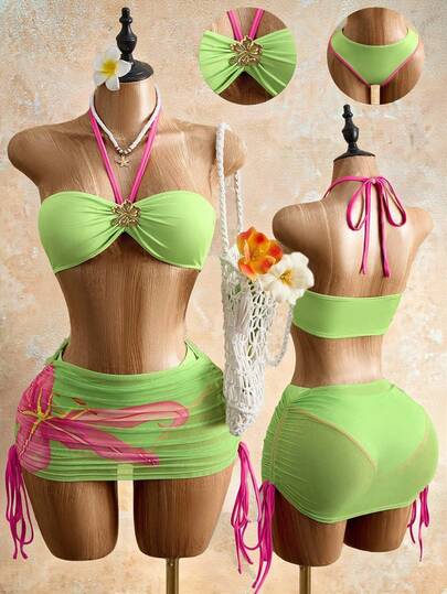 Mistrie Bộ đồ gợi cảm 3 món dành cho nữ: Áo hai dây phối kim loại, quần bikini viền tương phản, chân váy đi biển lưới hoa có dây rút xếp ly, trang phục nghỉ hè.