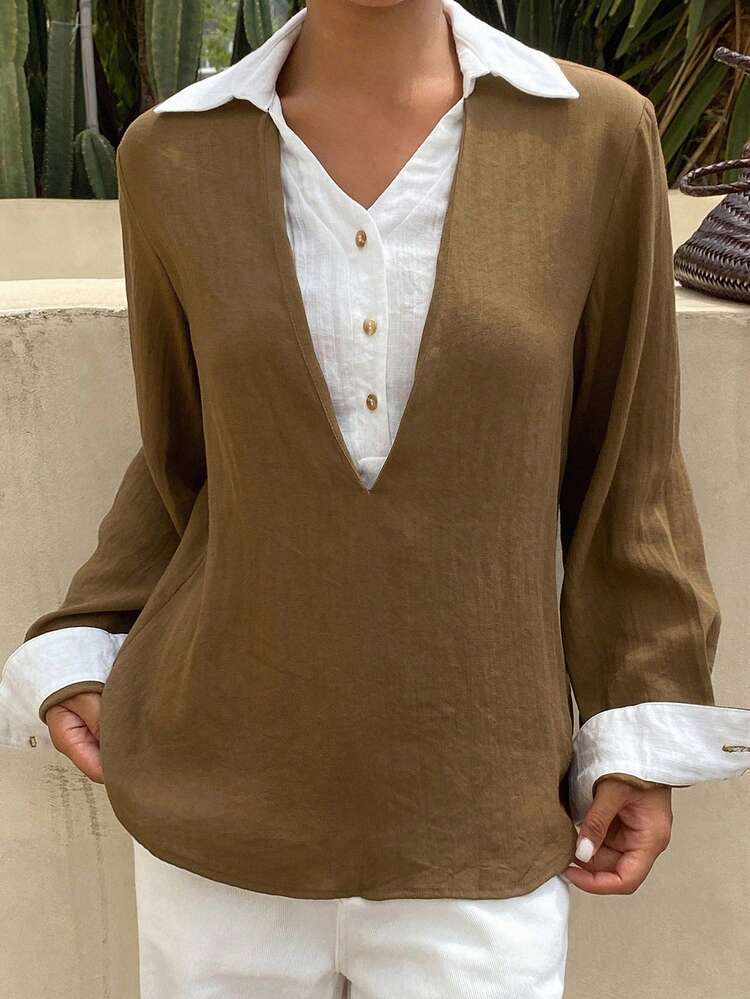 Women's Contrast Color Patchwork Loose Turndown Collar Long Sleeve Elegant Summer Blouse