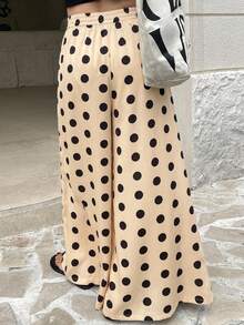 Pantalones de pierna ancha con estampado de lunares y cintura elástica para mujer - Albaricoque - Ver 2