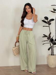 SHEIN PETITE Quần ống rộng kẻ sọc dáng suông, cạp chun, thích hợp cho nữ, đi nghỉ mát và đi làm, mùa xuân/hè. - Xanh lá cây Mù sương - Xem 1