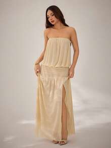 SHEIN PETITE Đầm cúp ngực màu mơ mới dành cho nữ, trang phục mùa hè, thiết kế hở lưng, chi tiết xếp ly, đầm dài thướt tha, lớp vải voan mỏng bên ngoài. - Màu be - Xem 3