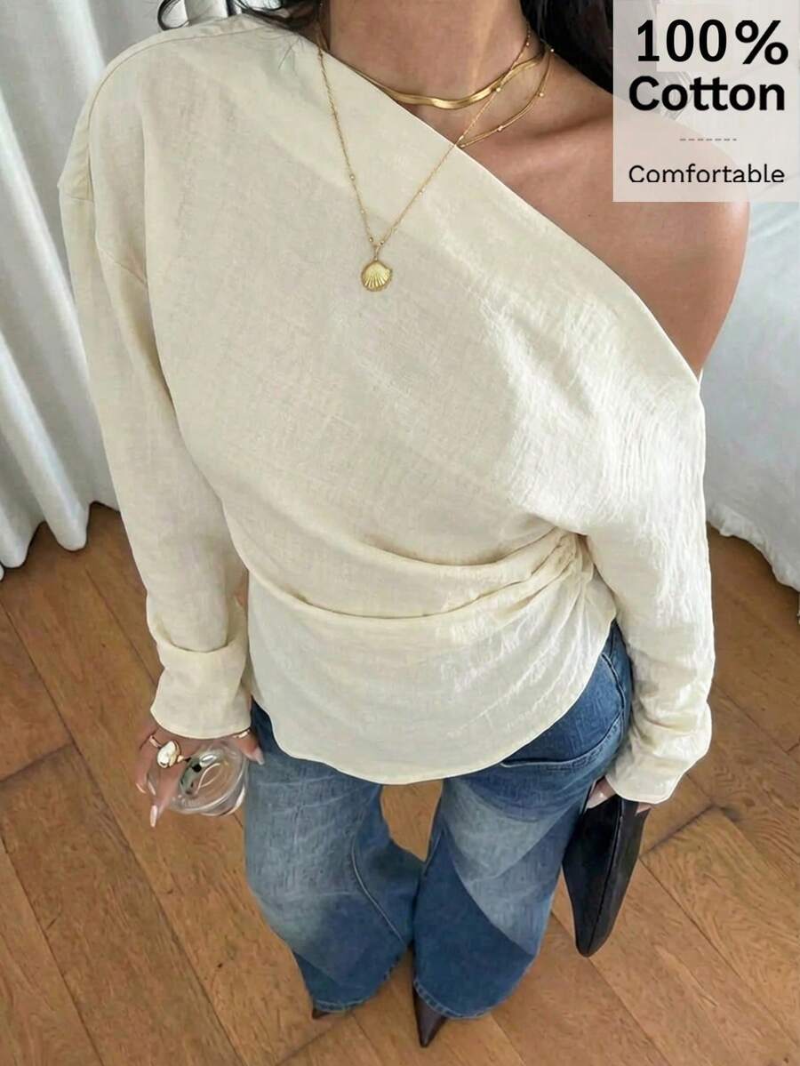 Siren Gaze Áo kiểu nữ màu trắng ngà, 100% cotton, vai lệch - Kiểu dáng tối giản, thanh lịch với phần eo xếp ly, thích hợp cho kỳ nghỉ thu, xuân và hè, đi biển, hẹn hò, dự tiệc, công sở, dự đám cưới và du lịch. - Nhiều màu - Xem 1
