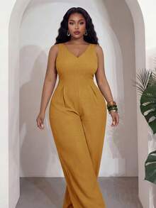 Veslaya Plus Size Women's Mustard Yellow V-Neck Sleeveless Wide Leg Jumpsuit,Summer Smart Casual Party Elegant For Music Festivals,Vacations,Beach,Weddings - Yellow - View 7