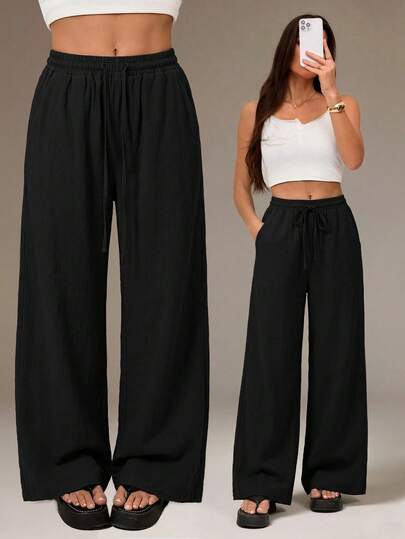 SHEIN Tall Women's Summer Country Concert Going Out Beach Outfits Boho Basic Minimalist Washed 100%Cotton White Pants Curved Hem Pants