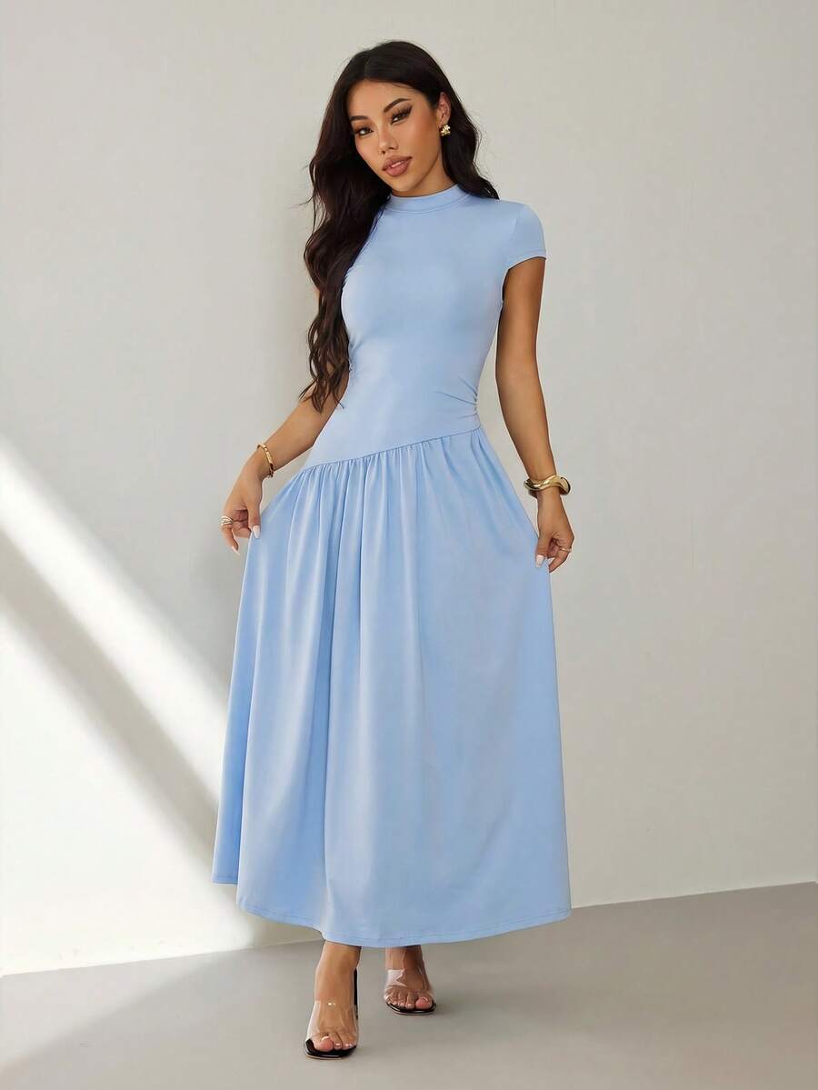 SHEIN PETITE Women's Summer Simple Solid Color Pleated A-Line Dress,Summer Dresses For Women