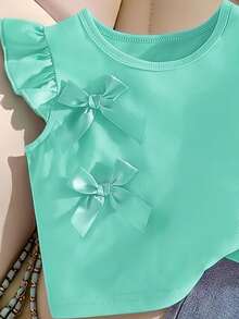 SHEIN 女童两件套：纯色针织上衣配3D蝴蝶结装饰+牛仔裤，可爱休闲的春夏装扮，适合日常穿着和户外活动 - 綠色 - 查看 4