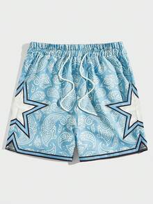 ROMWE MEN Street Life Pantalones cortos con estampado de paisley de estrellas, cintura con cordón, para hombres, escuela - Azul y blanco - Ver 1
