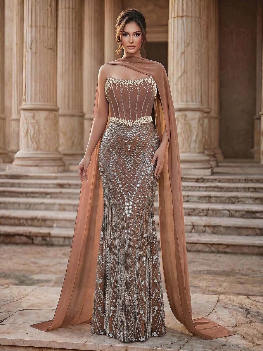 Glamrae Elegant Queen Gala Dinner Event Beaded Sequin Mesh Splice Knit ...