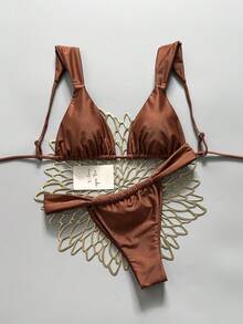Swim Basics 女士夏季沙滩纯色吊带系带性感比基尼和三角泳裤套装 - 棕色 - 查看 1