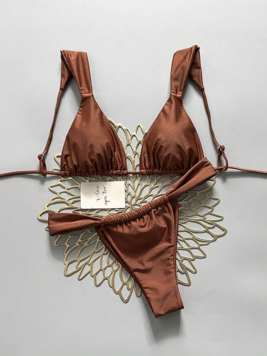 Swim Basics 女士夏季沙滩纯色吊带系带性感比基尼和三角泳裤套装 - 棕色 - 查看 1