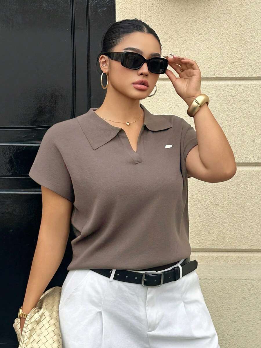 Dazy Plus Blusa de punto holgada de unicolor con cuello medio abierto y manga corta, adecuada para primavera y verano, talla grande - Gris - Ver 1