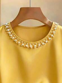 Franclia Elegant High-End Pearl Decor Round Neck Floral Ruffle Short Sleeve Apricot Blouse For Women - Yellow - View 4