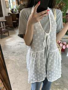 DAZY 女款純色紋理露背掛脖上衣校園風 - 米色 - 查看 3