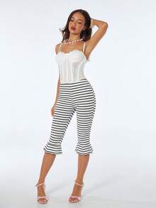 SHEIN ICON Quần nữ dáng ôm, kẻ sọc, có bèo nhún ở gấu quần. - Đen và trắng - Xem 5