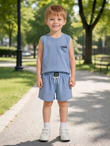 SHEIN 2pcs/Set Young Boy Cute Minimalist Casual Summer Sleeveless Top+Shorts Knit Sportswear Set,Suitable For Daily Wear,School,Travel,Outdoor Activities - Dusty Blue - View 7