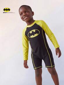 BATMAN X SHEIN Maija Kids 男童圆领撞色休闲度假长袖泳衣套装（含短裤） - 黑色 - 查看 3