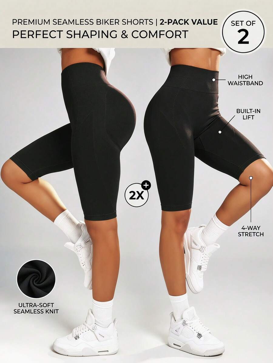 Seamluxe SHEIN Sport Quần short thể thao nữ màu trơn, cạp cao, không đường may, co giãn. - màu đen - Xem 1
