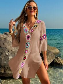 Swim Lushoire Gaun Wanita Model V-Neck Lengan 3/4 Rajutan Bunga Warna Acak Belahan Samping Longgar - Khaki - View 6