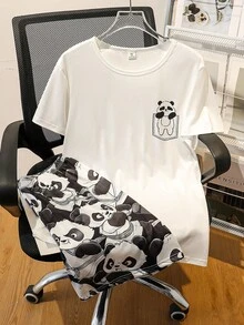 Bộ đồ ngủ 6 món thời trang tối giản màu đen, xám, xanh dương in chữ, áo thun ngắn tay và quần short cho bé trai tuổi teen. - Đen và trắng - Xem 1