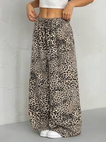 SHEIN PETITE Pantalones largos con cordón y estampado de leopardo para mujer - Marrón - Ver 4