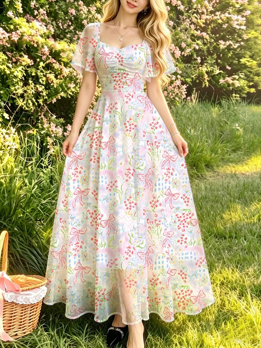 Modelyn 花卉蝴蝶結格紋印花女款長洋裝,時尚方領飄逸袖設計,夏季收腰優雅花卉長裙,鄉村風花卉圖案淺綠色雪紡洋裝,適合夏季度假與日常穿著 - 彩色 - 查看 1
