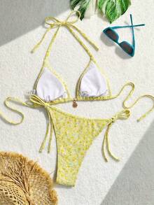 Swim Vcay 女款夏季海灘花卉印花掛脖綁帶性感比基尼與三角泳褲泳衣套裝 - 鵝黃色 - 查看 2