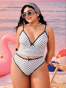 Swim Mod 2026新款加大码女式两件套泳衣，随机几何印花，时尚休闲简约蝴蝶结可调节加粗肩带高腰高衩三角比基尼 - 黑與白 - 查看 5
