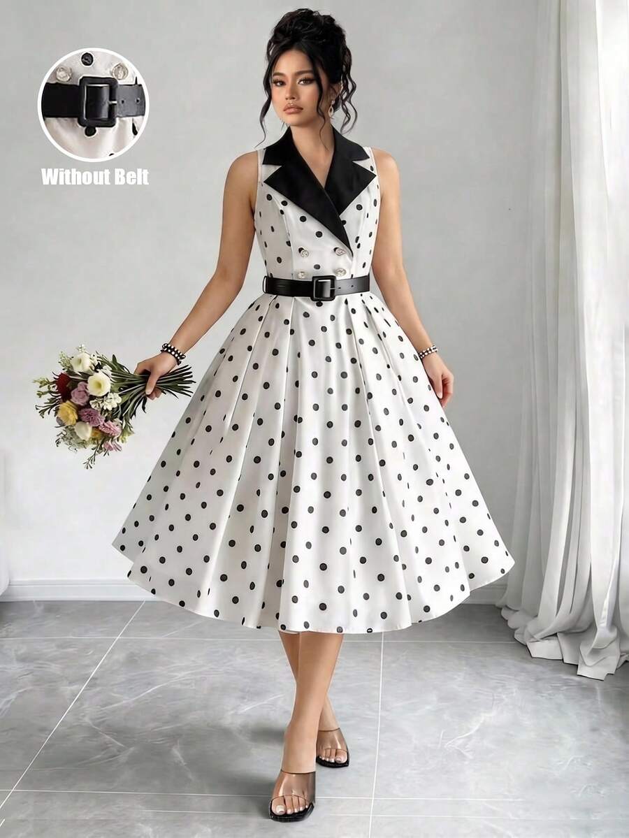 Elenzga Đầm dài ngang gối thanh lịch họa tiết chấm bi dành cho nữ cỡ lớn, thích hợp cho mùa hè. - Đen và trắng - Xem 1