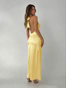 Aloruh Women's Yellow Draped Neck Tie-Waist Ruched Backless Dress, Summer, Dresses For Women Wedding Formal Party Elegant,Wedding Guest,Dresses For Women Summer - Pale Yellow - View 2