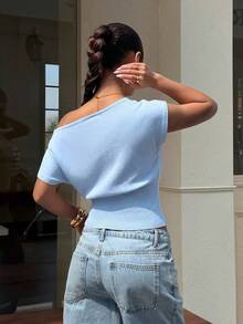 Muchica Women's Solid Color Asymmetrical Shoulder Casual Versatile Knit Top For Daily Wear - Blue - View 2