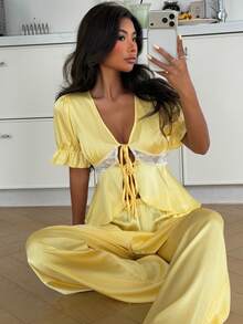 Livesso Women's Comfortable Casual Satin & Lace Patchwork Tie Cuff Blouse And Loose Pants Pajama Set Summer - Yellow - View 6