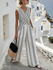 SHEIN Holidaya Women's Elegant Coastal Vacation Casual Beach Resort Greek Town Outfit, Sleeveless 2 Pieces Set Black And White Striped Summer - Beige - View 1
