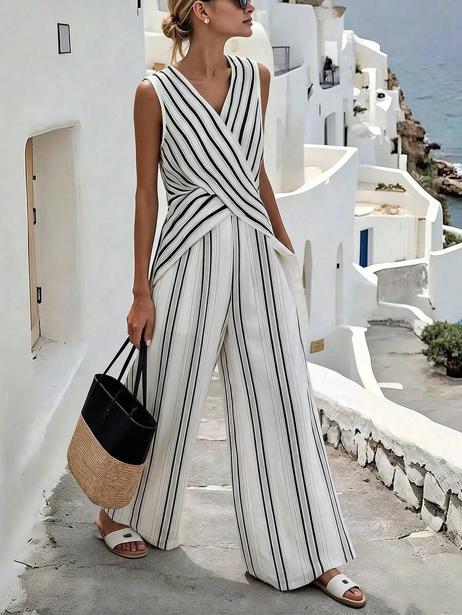 SHEIN Holidaya Women's Elegant Coastal Vacation Casual Beach Resort Greek Town Outfit, Sleeveless 2 Pieces Set Black And White Striped Summer - Beige - View 1