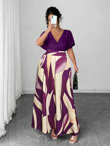 Elenzga Đầm maxi dáng rộng dành cho nữ cỡ lớn, phong cách Bohemian, thích hợp cho kỳ nghỉ biển, du lịch thường ngày, thanh lịch, cao cấp, với họa tiết hình học bất đối xứng đầy màu sắc, thời trang, quyến rũ, cổ tròn, tay bồng. - Màu tím - Xem 4