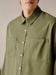 VeloEdit Green Color Men's Dual Pocket Buttoned Up Oversized Shirt, Woven, Collar Army, Baggy Long Sleeve Button Plain Emerald Casual, Fall Old Money - Army Green - View 7