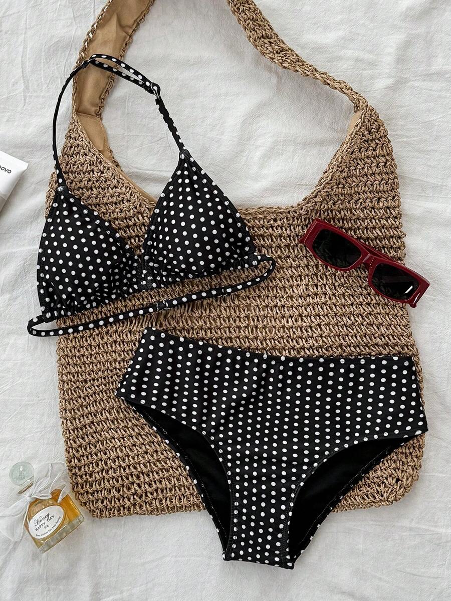 SHEIN Bộ đồ bơi cho bé gái tuổi teen, gồm áo hai dây chấm bi đen và quần bikini họa tiết da báo, thích hợp cho kỳ nghỉ hè, đi biển. - màu đen - Xem 1