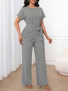 SHEIN Lady Bộ jumpsuit nữ kiểu dáng thường ngày, kẻ sọc, buộc dây phía trước, phù hợp cho mùa xuân, hè, thu, đi làm hàng ngày và đi nghỉ mát. - Đen và trắng - Xem 3