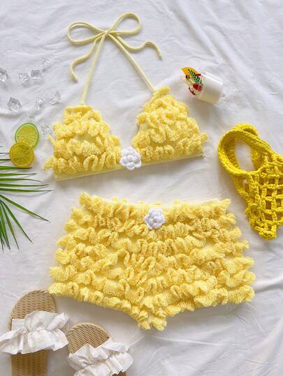 Soleia Conjunto de bikini de unicolor con volantes, estilo de vacaciones de verano para mujer