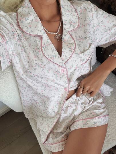 CottageSlumber Romantic Ditsy Floral Lapel Short Sleeve Shorts Pajama Set