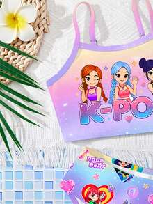 卡通少女頭像、彩色、K-Pop 超級巨星、卡通女團、泳裝印花圖案、貼身吊帶背心與比基尼泳裝套裝，適合夏季 - 彩色 - 查看 3
