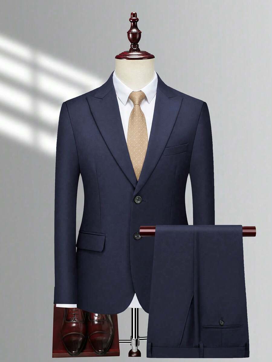 Manfinity Mode Men's Solid Color Front Button Long Sleeve Suit Blazer And Trousers Business Suit Set, Formal - Navy Blue - View 1