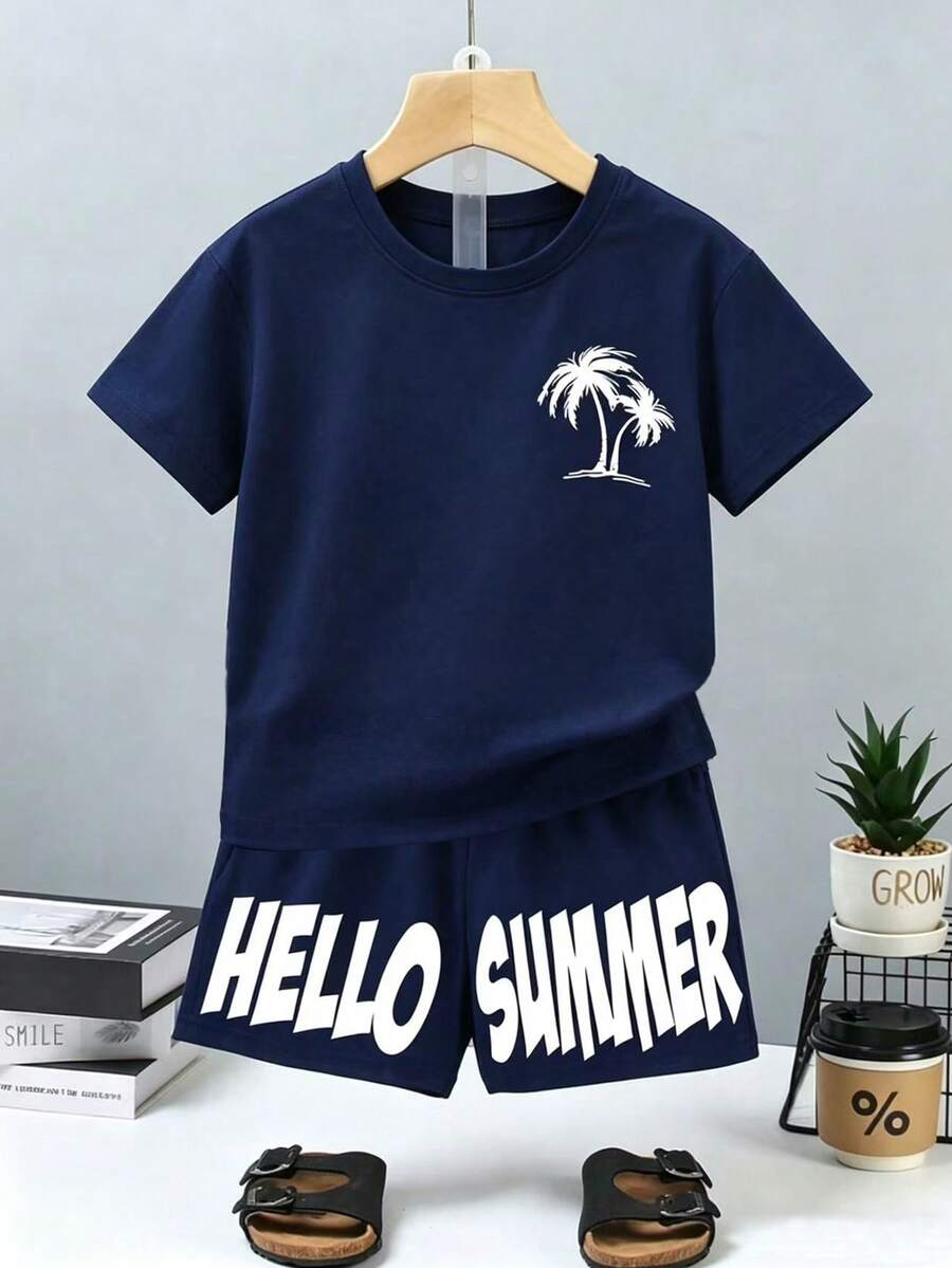 SHEIN Vacaura 2pcs/Set Young Boy Casual Printed Short Sleeve Round Neck T-Shirt And Shorts Set,Summer,Beach,Holiday,Outdoor Activities,Sports Wear - Navy Blue - View 1