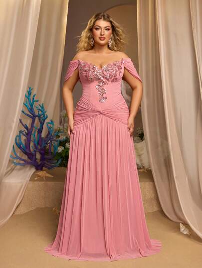 Glamrae Plus Size Elegant Luxurious Pink Applique Strapless Elastic Ruched Maxi Dress, Suitable For Weddings, Singles Parties, Vacations, Balls, Formal Events (Intricate Design)
