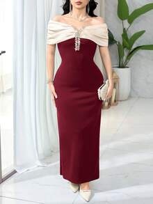 Feyla Women's Color Block Rhinestone Decor Off Shoulder Fitted Long Dress - Burgundy - View 7