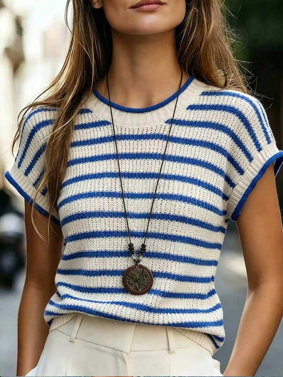 EMERY ROSE Blusa holgada de punto con mangas tipo murciélago y rayas, adecuada para vacaciones de verano - Multicolor - Ver 1