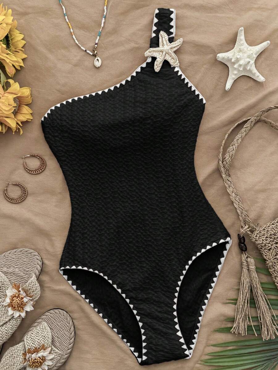 SHEIN 少女连体泳衣,贝壳和海星图案,夏季沙滩度假泳装 - 黑色 - 查看 1