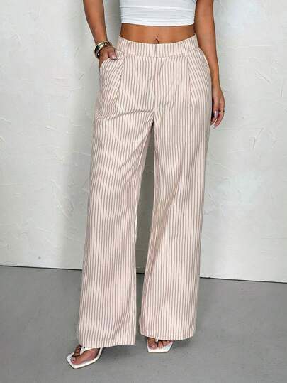 SHEIN PETITE Women's Striped Trousers, Comfortable Casual Pants Suitable For Spring/Summer, Hawaii-Style Two Pieces Set